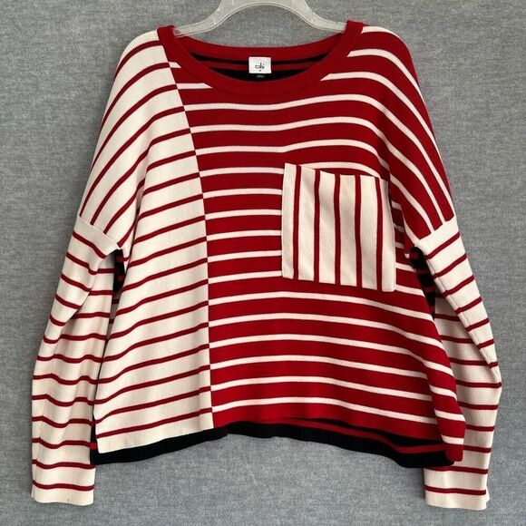 CABI 5635 Mixed Stripe Sweater Womens Medium Pocket Pullover Oversized Red White - Picture 1 of 8